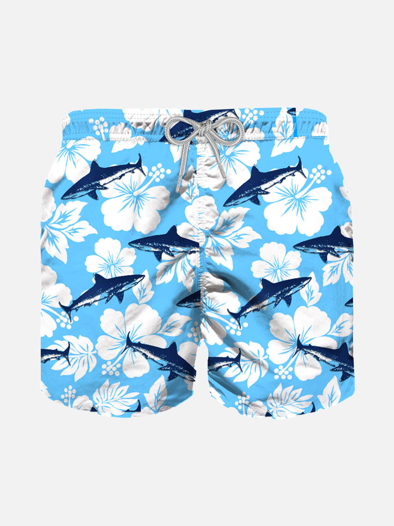 Boy swim shorts with flocked shark print