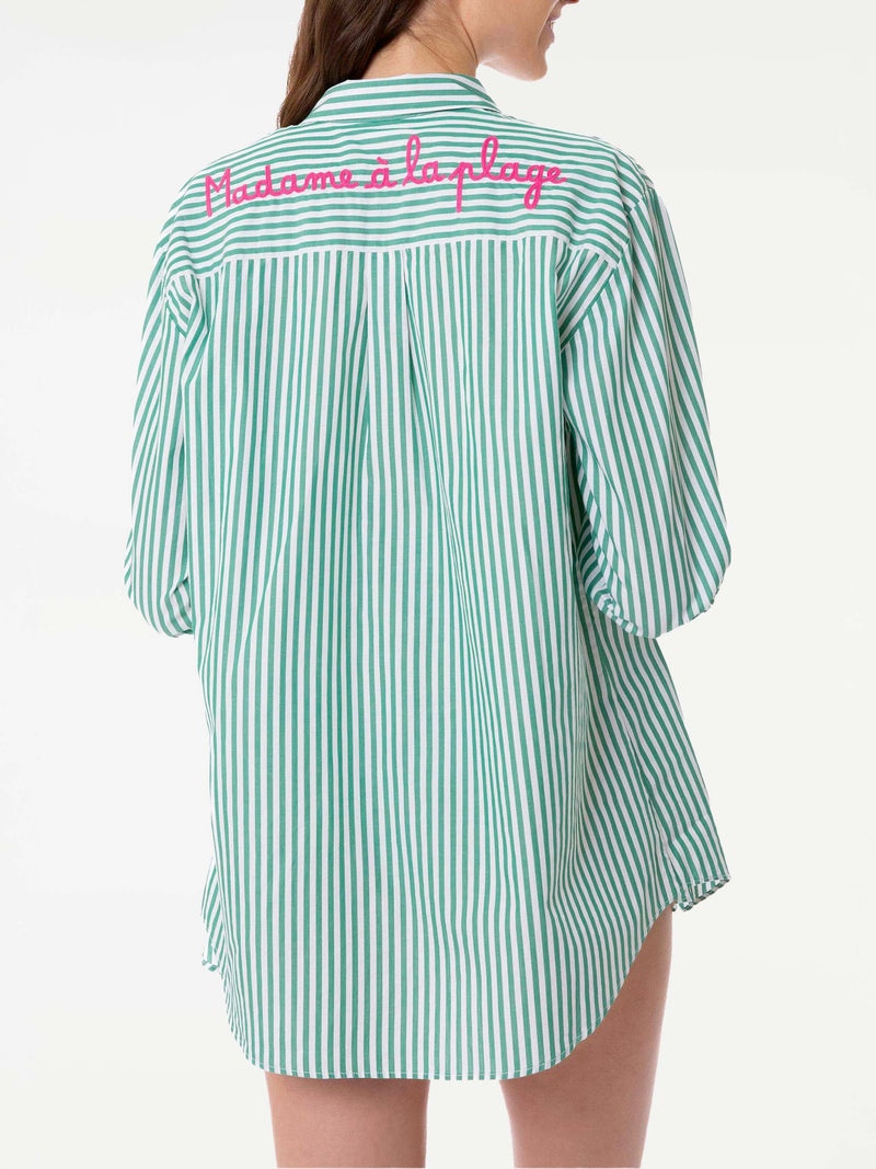 Green striped cotton shirt with embroidery