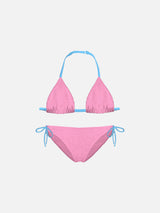 Bikini da bambina a triangolo rosa con piping
