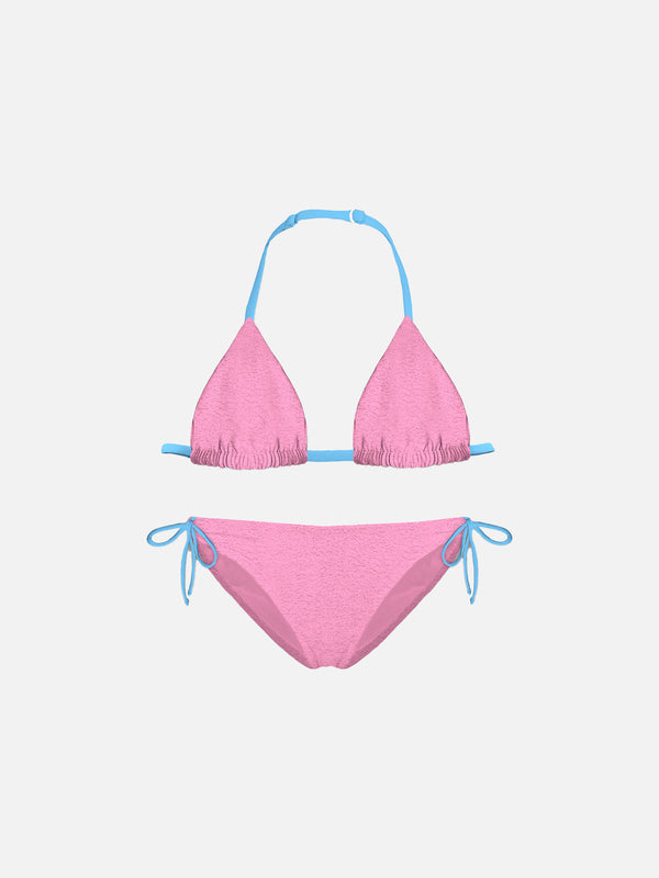 Bikini rosa per bambina a triangolo con piping
