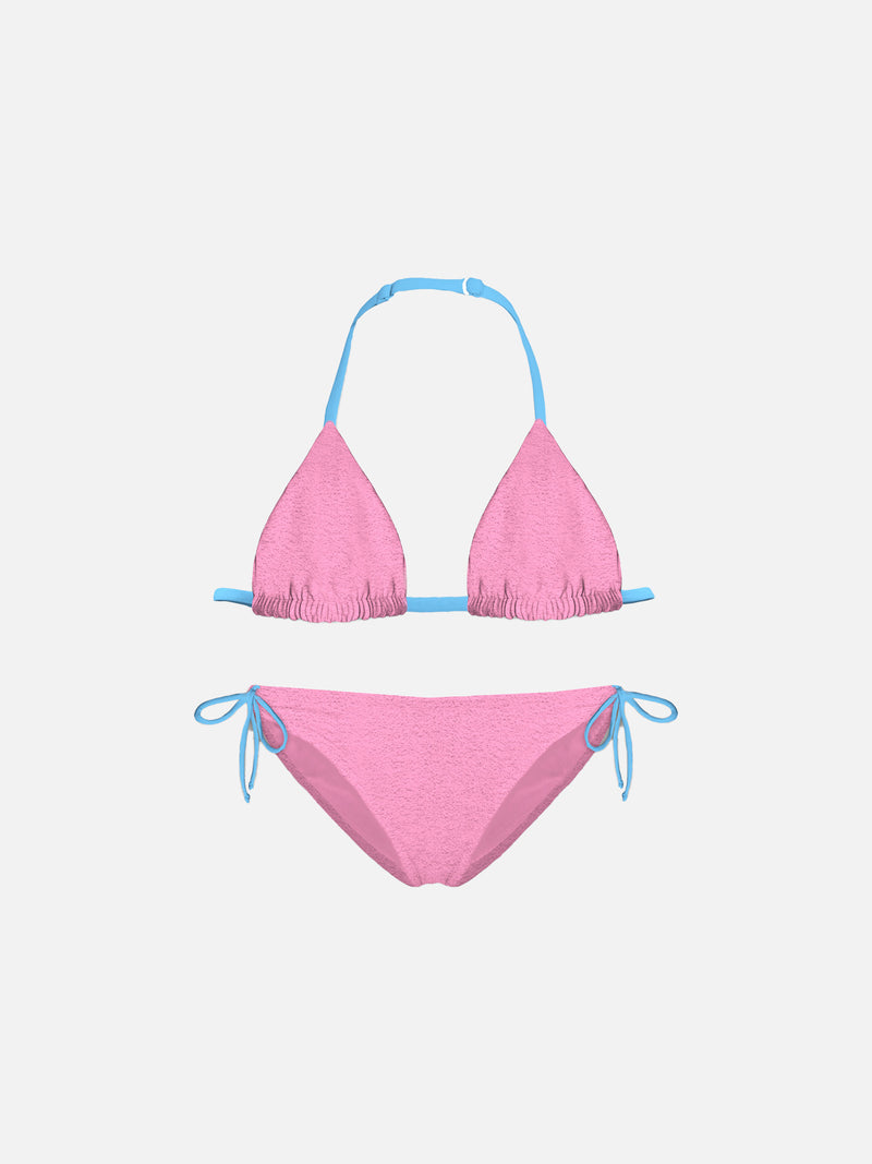 Girl pink triangle bikini with piping