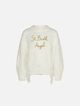 Girl brushed white crewneck sweater with embroidery