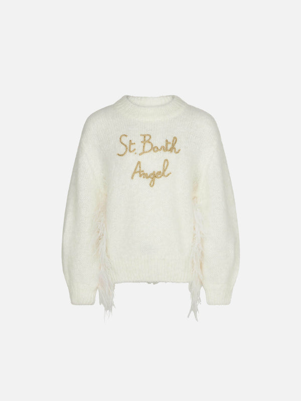 Girl brushed white crewneck sweater with embroidery