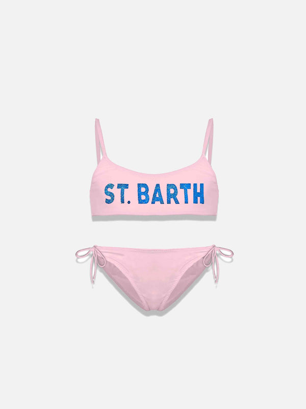 Bikini da bambina a bralette con logo St. Barth glitterato
