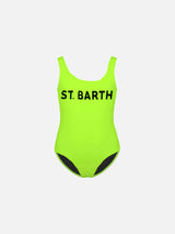 Gelber Fluo-Mädchen-Badeanzug mit St. Barth-Print