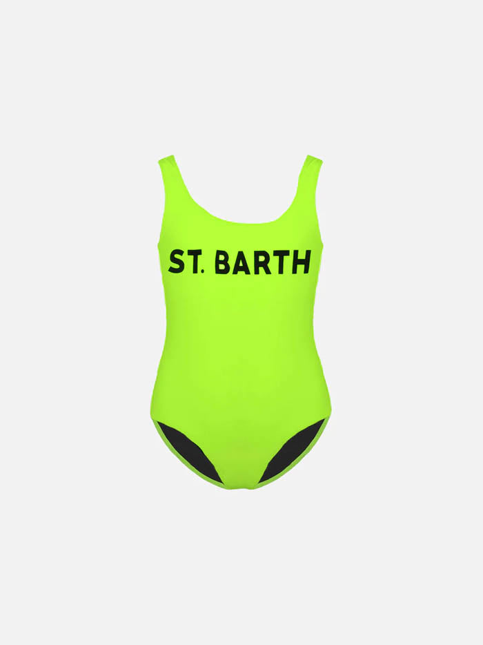 Costume intero da bambina stampa St. Barth giallo fluo