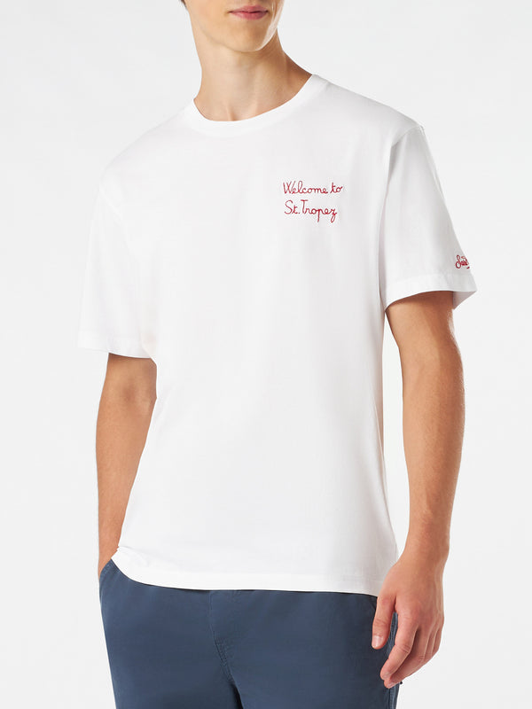Man cotton t-shirt with Welcome to St. Tropez embroidery