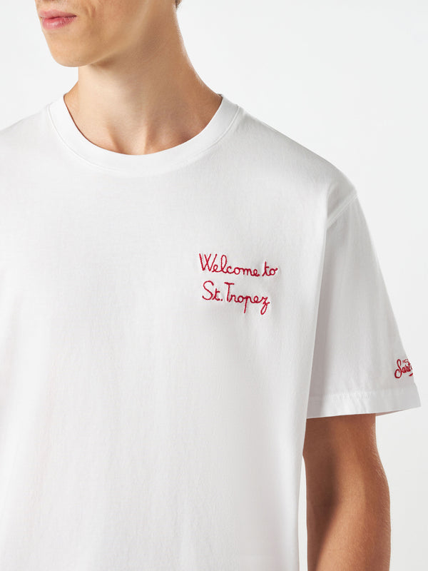 Man cotton t-shirt with Welcome to St. Tropez embroidery
