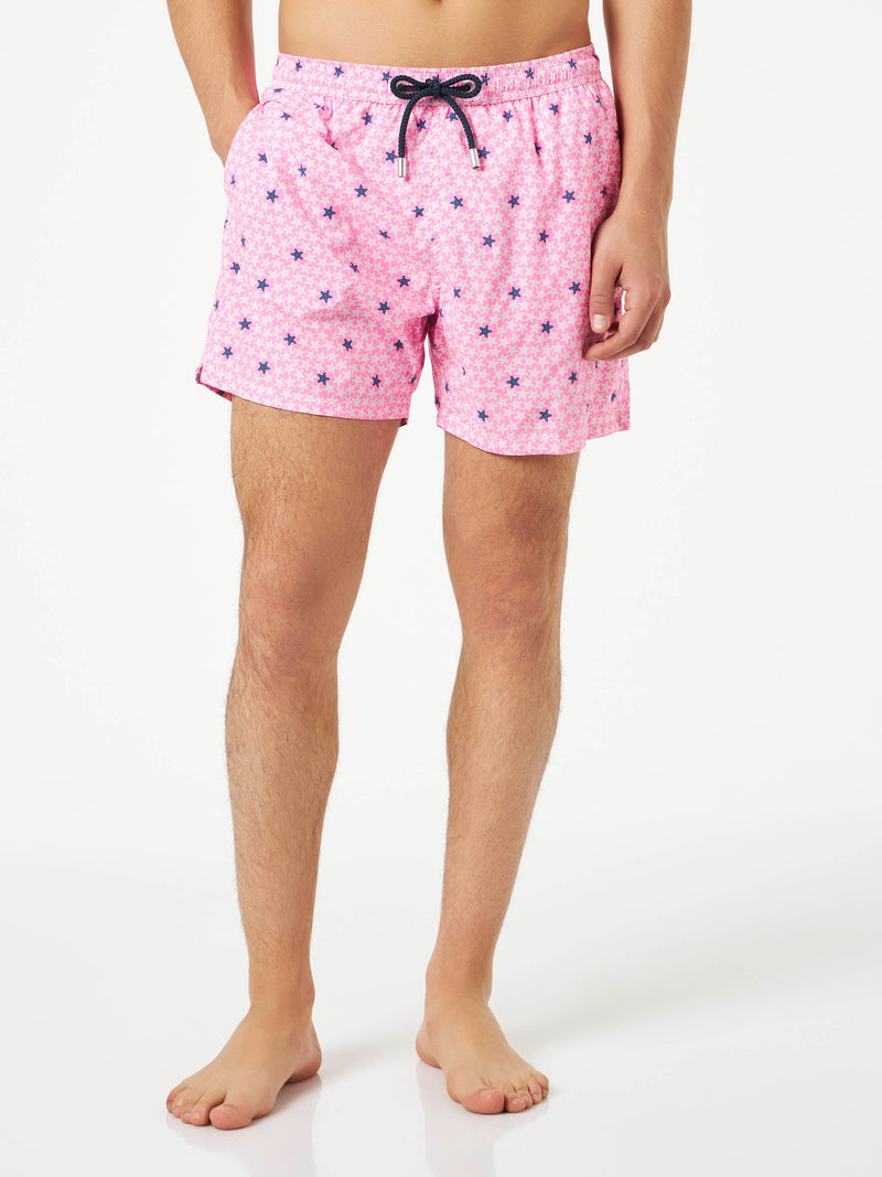 Man light fabric comfort swim shorts with starfish print