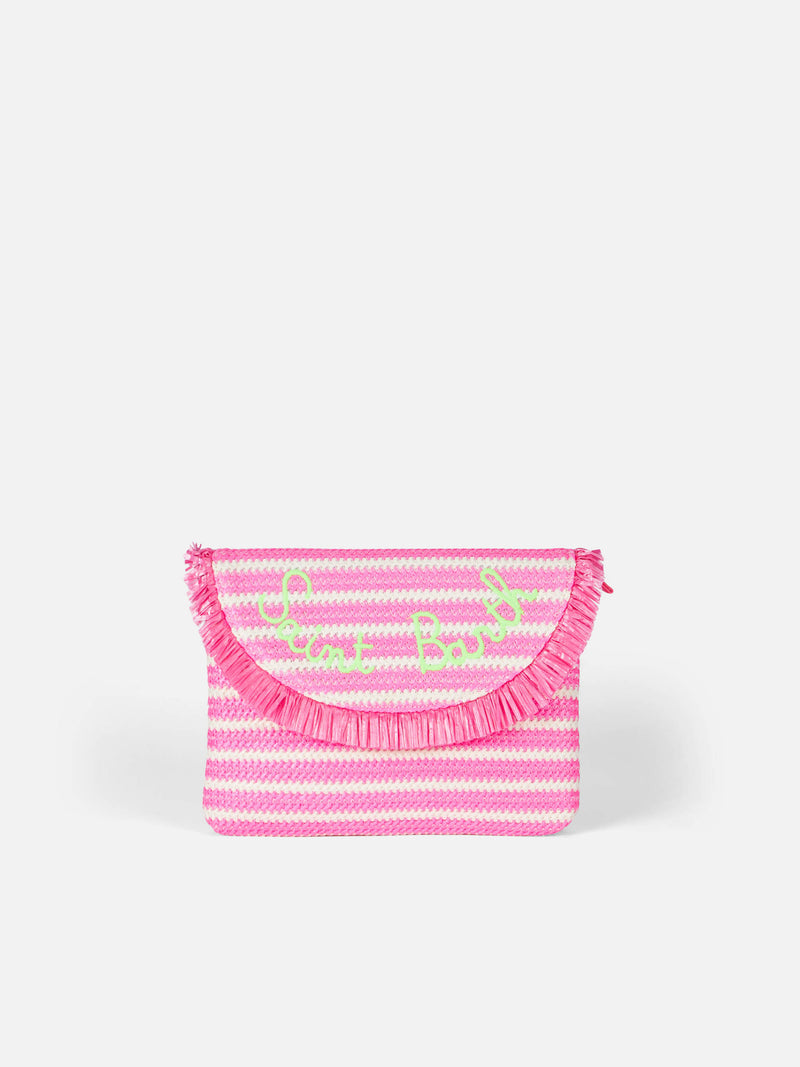 Straw pochette with fringes and stripes
