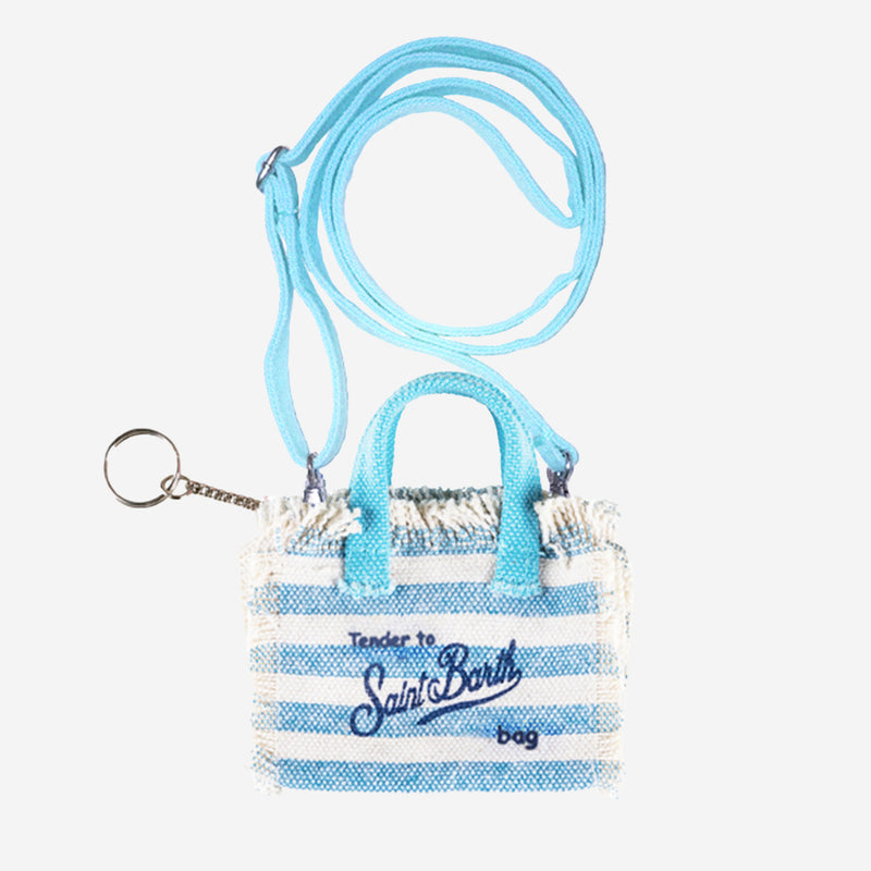 Light blue striped canvas key holder with shoulder strap