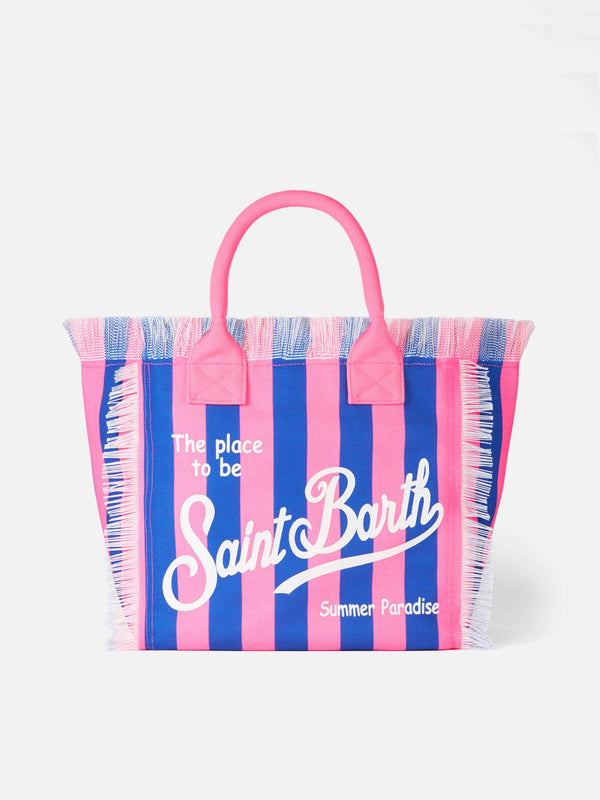 Vanity canvas shoulder bag with bluette and fuchsia stripes