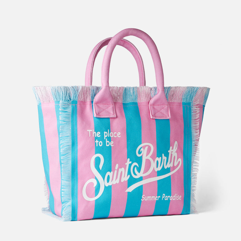 Vanity canvas shoulder bag with pink and bluette stripes