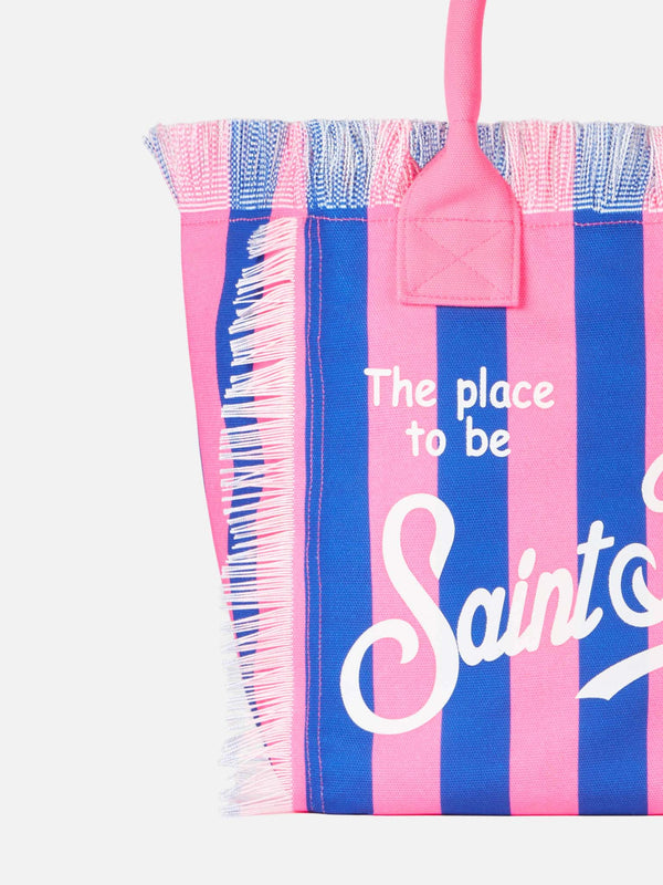 Vanity canvas shoulder bag with bluette and fuchsia stripes