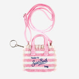 Pink striped canvas key holder with shoulder strap