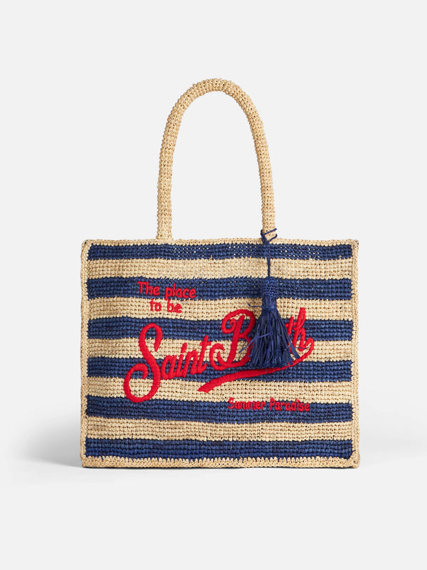 Raffia bag with blue stripes and embroidery