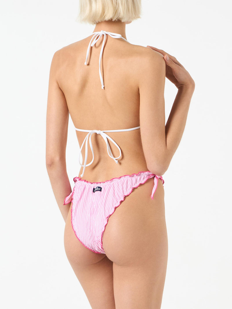 Woman seersucker triangle bikini with striped print