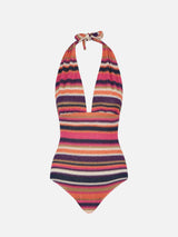Multicolor striped violet knitted pattern one piece
