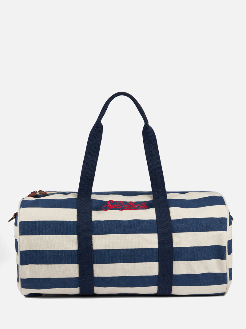 Travel duffel bag with blue stripes