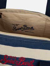 Travel duffel bag with blue stripes