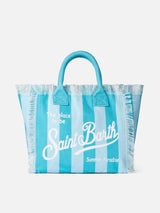 Vanity canvas shoulder bag with light blue and bluette stripes