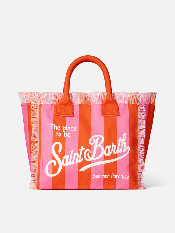 Vanity canvas shoulder bag with pink and orange stripes