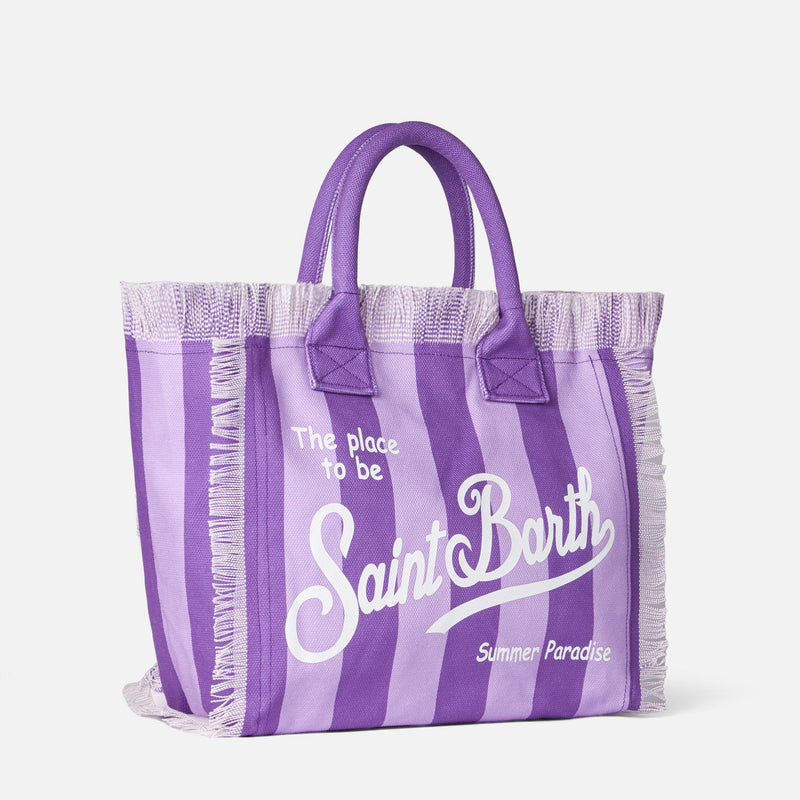 Vanity canvas shoulder bag with lilac and purple stripes