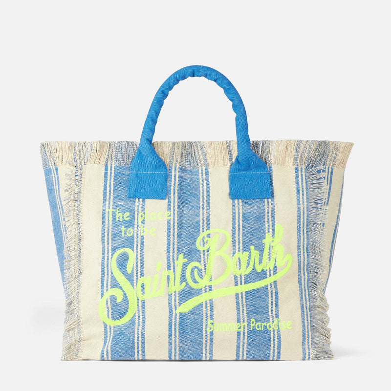 Vanity canvas shoulder bag with white and light blue stripes