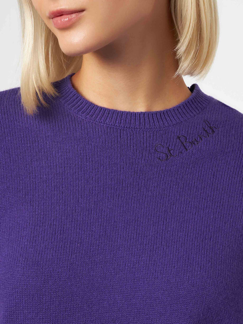 Woman crewneck purple sweater with St. Barth embroidery