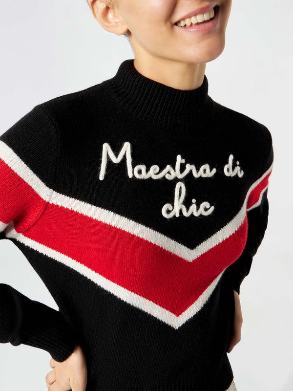 Woman half-turtleneck sweater with Maestra di chic embroidery