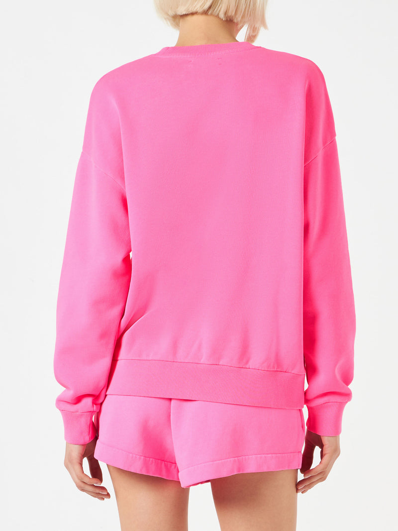 Woman fluo pink sweatshirt with St. Barth embroidery