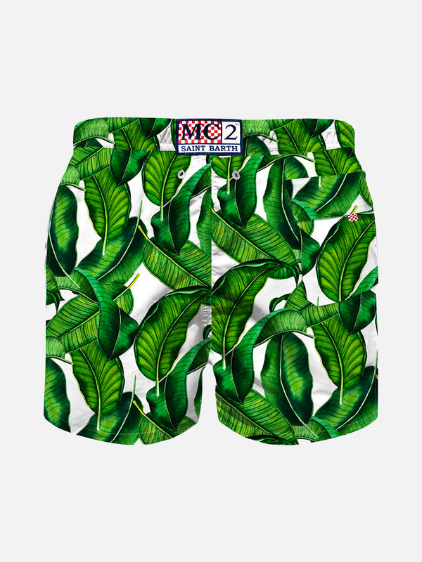 Boy swim shorts with banana leaves print