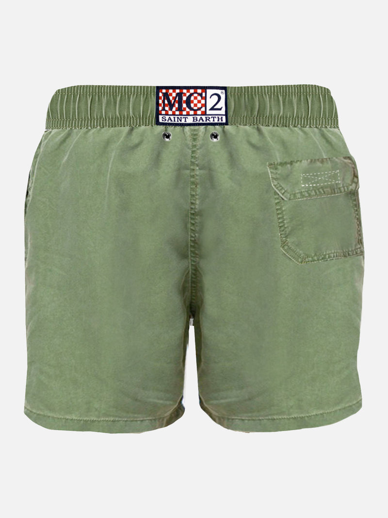 Military green delavè man's swim shorts