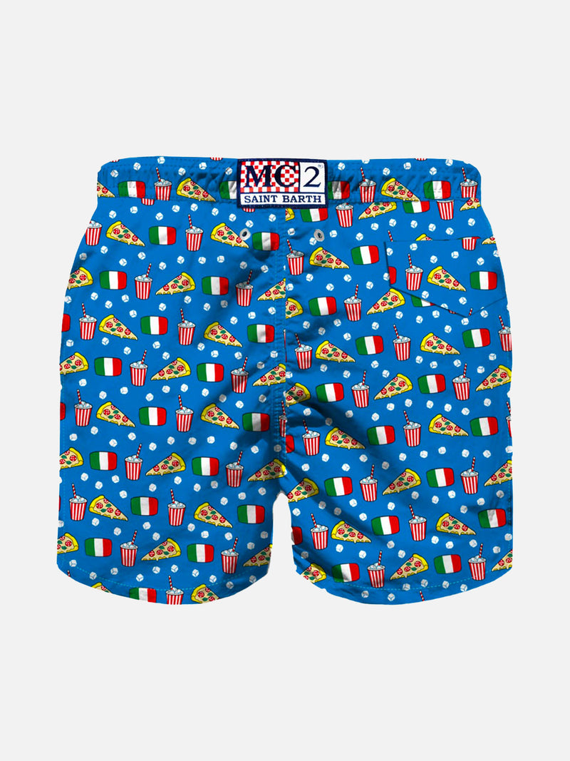 Boy light fabric swim shorts with pizza print