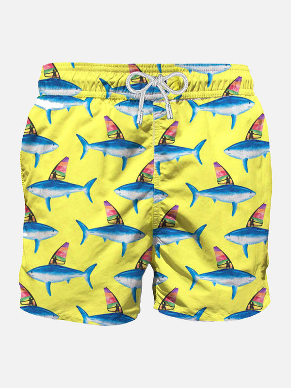 Mid-length swim shorts with sharks print