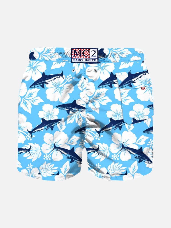 Boy swim shorts with flocked shark print