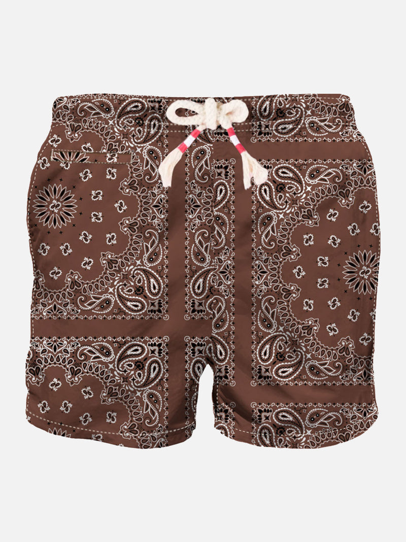 Man swim shorts with brown bandanna print