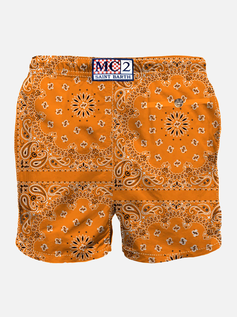 Man swim shorts with orange bandanna print