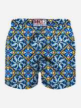 Man light fabric swim shorts with majolica print