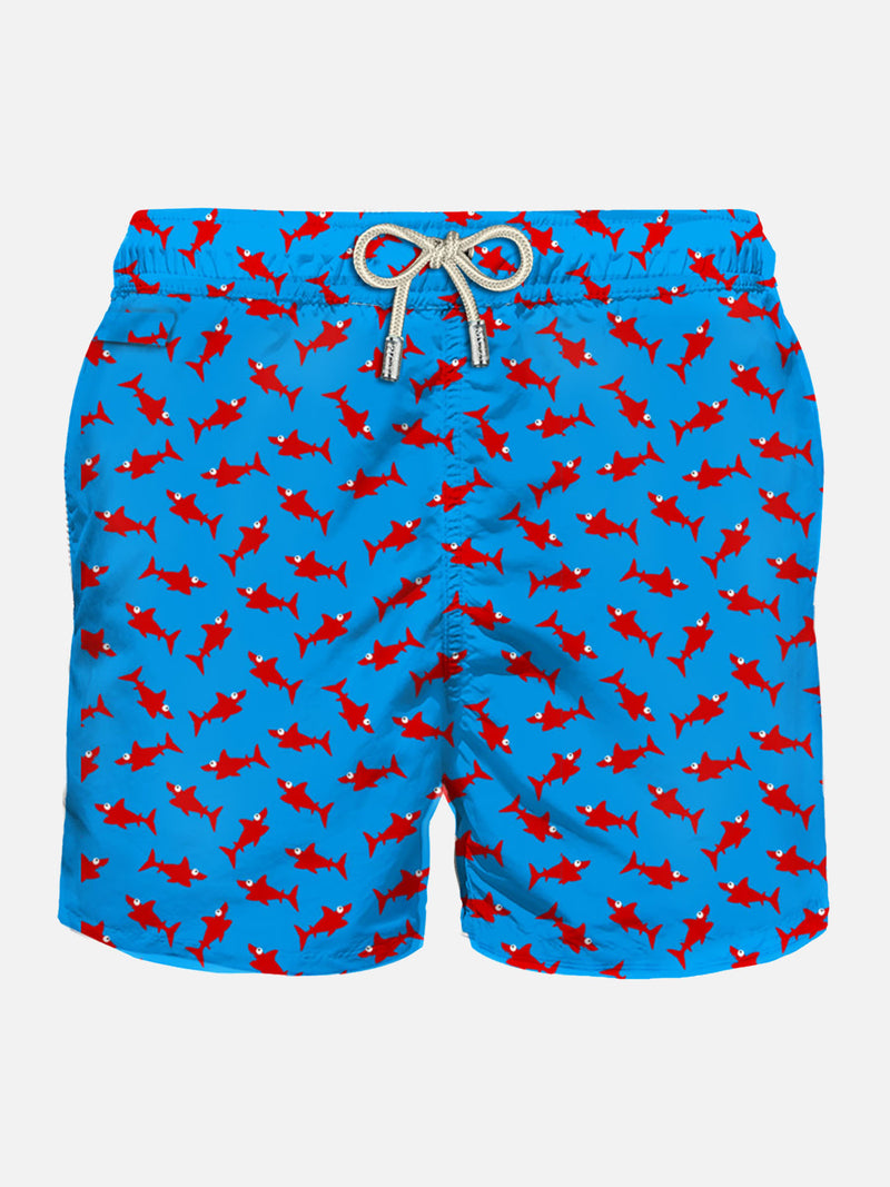 Man light fabric swim shorts with shark print