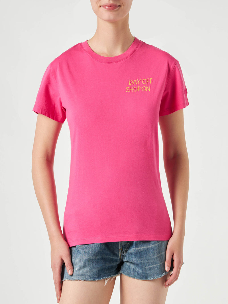 Damen-T-Shirt aus fuchsiafarbener Baumwolle mit Stickerei