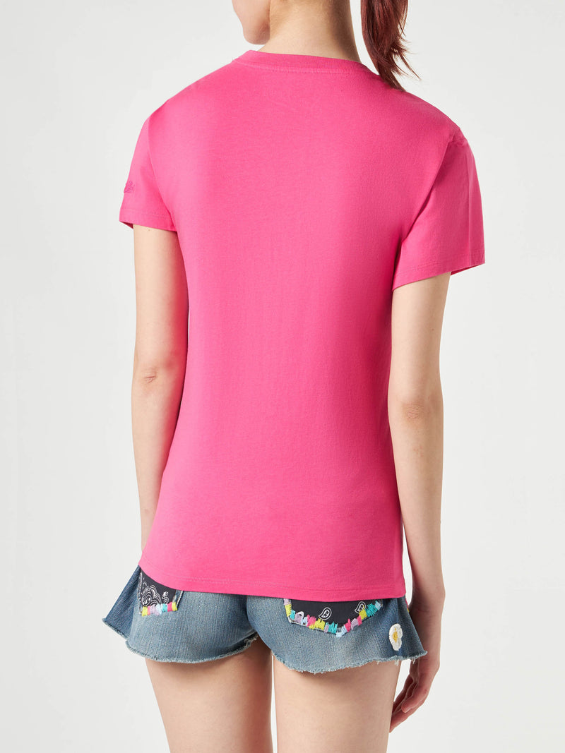 Damen-T-Shirt aus fuchsiafarbener Baumwolle mit Stickerei