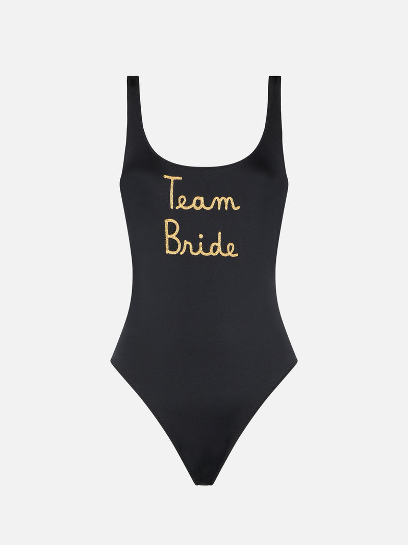 Woman one piece swimsuit with Team Bride embroidery