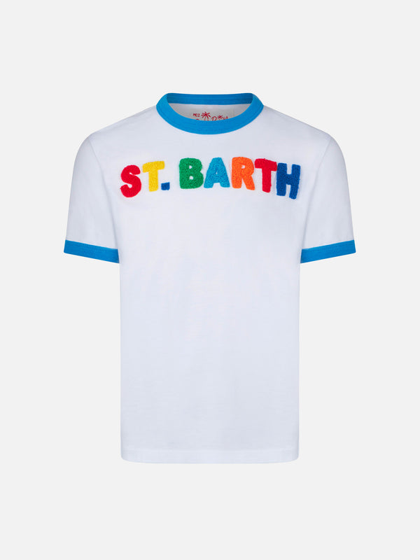 T-shirt da bambino in cotone con scritte multicolore