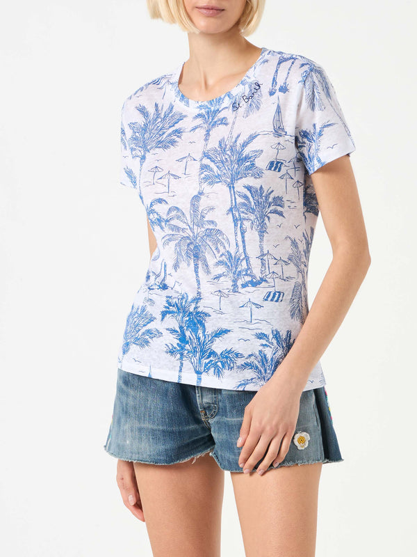 T-shirt da donna in lino con stampa toile de jouy