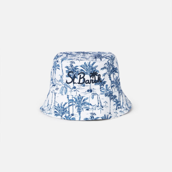 Cotton bucket hat with front embroidery and toile de jouy pattern
