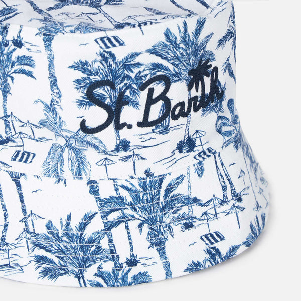 Cotton bucket hat with front embroidery and toile de jouy pattern