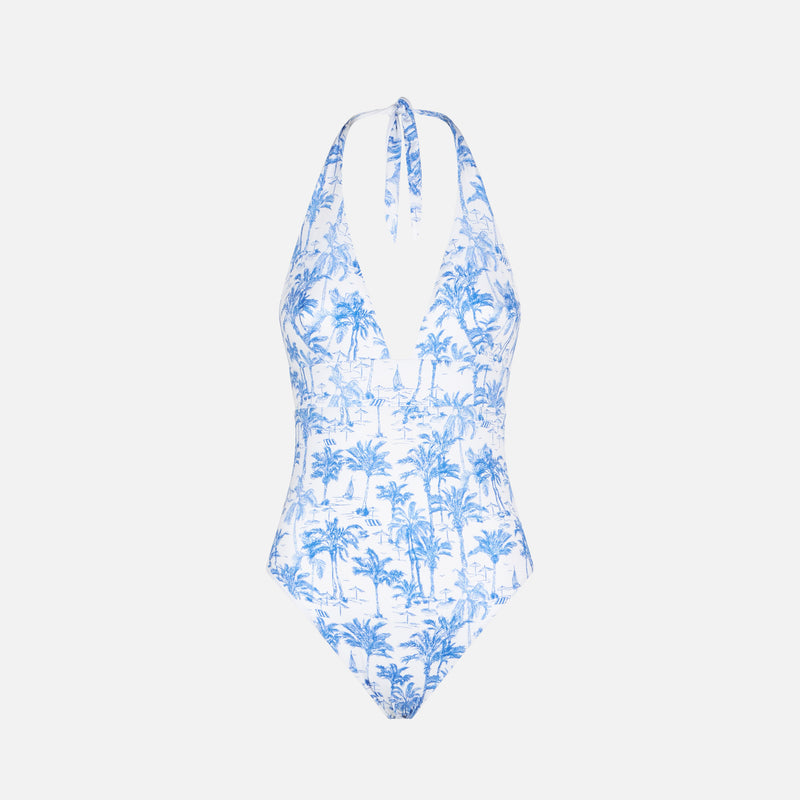 Woman one piece swimsuit with toile de jouy print