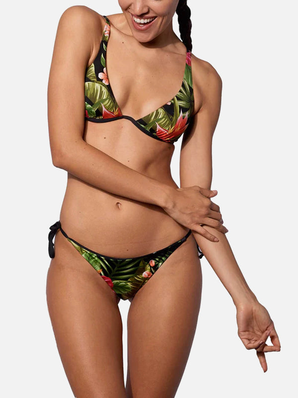 Woman triangle bikini with tropical ibiscus print