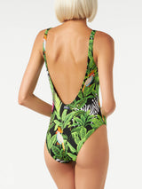 Woman one-piece swimsuit with tropical print